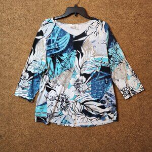 EUC Chico's Women Top Tunic 3/4 Sleeve Floral Blue V-Neck Size 3 XL/16 Stretch